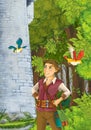 Cartoon scene of a brave looking nobleman in the forest - some prince or traveler encountering castle tower