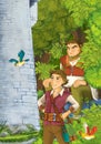 Cartoon scene of a brave looking nobleman in the forest - some prince or traveler encountering castle tower - happy scene
