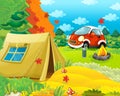 Cartoon scene of camping in the forest with tent and car Royalty Free Stock Photo