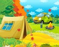 Cartoon scene of camping in the forest with tent and car Royalty Free Stock Photo