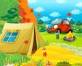 Cartoon scene of camping in the forest with tent and car Royalty Free Stock Photo