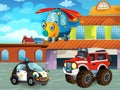 Cartoon scene with car vehicle on the road near the garage or repair station - illustration