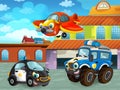 Cartoon scene with car vehicle on the road near the garage or repair station with plane and helicopter - illustration