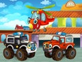 Cartoon scene with car vehicle on the road near the garage or repair station with plane and helicopter - illustration