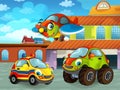 Cartoon scene with car vehicle on the road near the garage or repair station with plane and helicopter - illustration for children