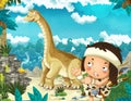 Cartoon scene with caveman near the sea shore looking at some happy and funny giant dinosaur diplodocus