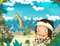 Cartoon scene with caveman near the sea shore looking at some happy and funny giant dinosaur diplodocus or other swimming dinosaur