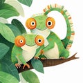 Cartoon scene with chameleon family on branch, isolated on white background. Generative AI Royalty Free Stock Photo