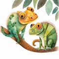 Cartoon scene with chameleons on branch, isolated on white background. Generative AI