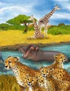 Cartoon scene with cheetah cat family with children hippopotamus hippo swimming in river near the meadow and some giraffes resting