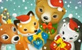 Cartoon scene with christmas animals holding presents illustration