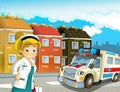 Cartoon scene in the city with doctor car happy ambulance Royalty Free Stock Photo