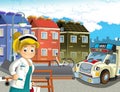 Cartoon scene in the city with doctor car happy ambulance Royalty Free Stock Photo