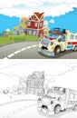 cartoon scene in the city with happy ambulance - illustration for children kids Royalty Free Stock Photo