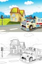 cartoon scene in the city with happy ambulance - illustration for children Royalty Free Stock Photo