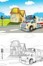 cartoon scene in the city with happy ambulance - illustration for children Royalty Free Stock Photo