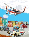 Cartoon scene in the city with happy ambulance police and fireman driving through the city and plane is flying - illustration