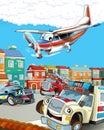 Cartoon scene in the city with happy ambulance police and fireman driving through the city and plane is flying - illustration