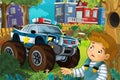 Cartoon scene in the city with police car driving through the city to help child in the park