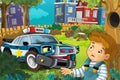 Cartoon scene in the city with police car driving through the city to help child in the park