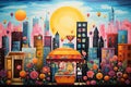 cartoon scene with cityscape on the day time illustration for children, lively lemonade stand in a whimsical urban landscape with