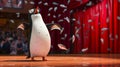 Cartoon scene A clumsy penguin attempts to juggle fish on stage but ends up slipping and accidentally throwing a fish