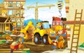 Cartoon scene of a construction site with different heavy machines and working men Royalty Free Stock Photo