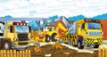 Cartoon scene of a construction site with different heavy machines and working men Royalty Free Stock Photo