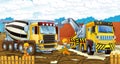 Cartoon scene of a construction site with different heavy machines and working men Royalty Free Stock Photo