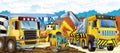 Cartoon scene of a construction site with different heavy machines and working men Royalty Free Stock Photo