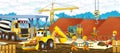 Cartoon scene of a construction site with different heavy machines and working men Royalty Free Stock Photo