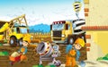 Cartoon scene of a construction site with different heavy machines and working men Royalty Free Stock Photo