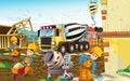 Cartoon scene of a construction site with different heavy machines and working men Royalty Free Stock Photo