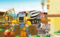 Cartoon scene of a construction site with different heavy machines and working men Royalty Free Stock Photo