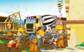 Cartoon scene of a construction site with different heavy machines and working men Royalty Free Stock Photo