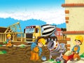 Cartoon scene of a construction site with different heavy machines and working men Royalty Free Stock Photo