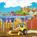 Cartoon scene of construction site with excavator digger for different usage illustration for children