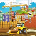 Cartoon scene of construction site with excavator digger for different usage illustration for children