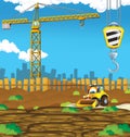 Cartoon scene of construction site with excavator digger for different usage illustration for children