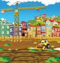 Cartoon scene of construction site with excavator digger for different usage illustration for children