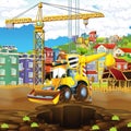 Cartoon scene of construction site with excavator digger for different usage illustration for children