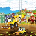 Cartoon scene of construction site with excavator digger for different usage illustration for children