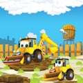 Cartoon scene of construction site with excavator digger for different usage illustration for children