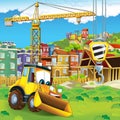 Cartoon scene of construction site with excavator digger for different usage illustration for children