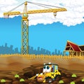 Cartoon scene of construction site with excavator digger for different usage illustration for children