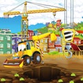 Cartoon scene of construction site with excavator digger for different usage illustration for children