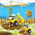 Cartoon scene of construction site with excavator digger for different usage illustration for children