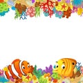 cartoon scene with coral reef and happy fishes swimming near isolated illustration for children