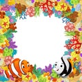 cartoon scene with coral reef and happy fishes swimming near isolated illustration for children