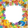 cartoon scene with coral reef and happy fishes swimming near isolated illustration for children